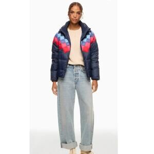 MARINE LAYER Blue Red Abstract Print 100% Recycled Nylon Puffer Jacket sz Medium